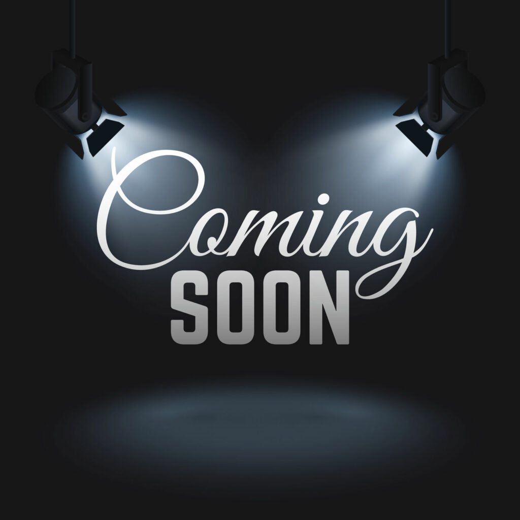 Coming soon vector mystery retail concept with spotlights on stage. Promotion banner coming soon, illustration of illuminated text coming soon